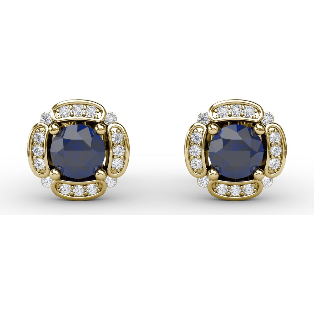 Vintage Channel Set Cushion Sapphire Stud Earrings with Pavé Diamond Halo by Fana - 1.54 Carat Total Gemstone Weight