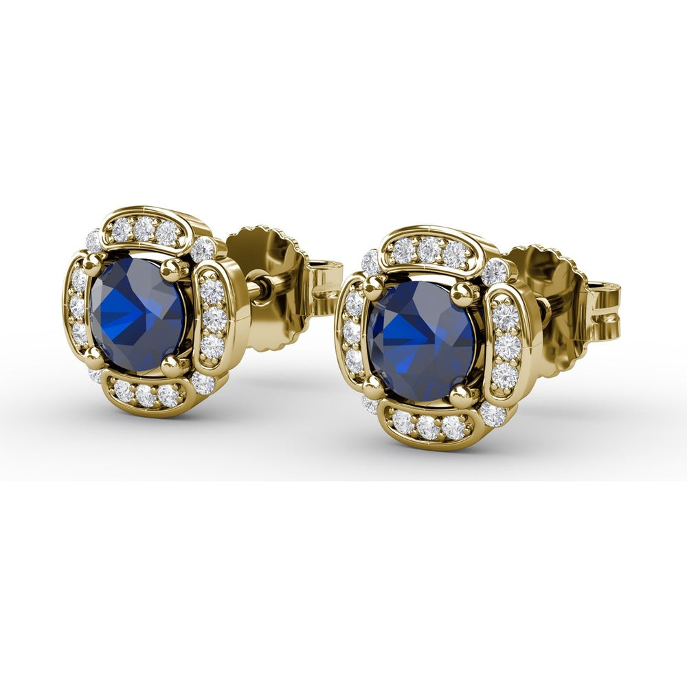 Vintage Channel Set Cushion Sapphire Stud Earrings with Pavé Diamond Halo by Fana - 1.54 Carat Total Gemstone Weight