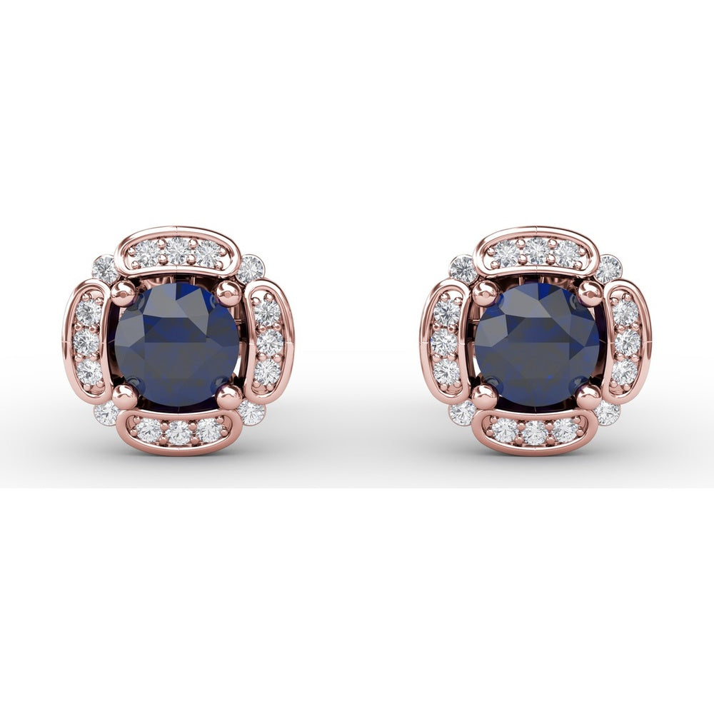 Vintage Channel Set Cushion Sapphire Stud Earrings with Pavé Diamond Halo by Fana - 1.54 Carat Total Gemstone Weight