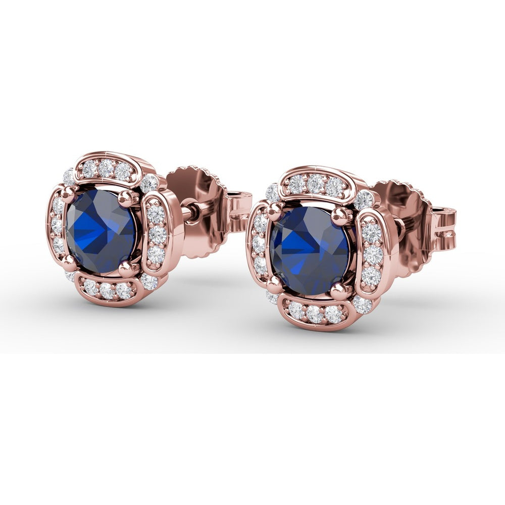 Vintage Channel Set Cushion Sapphire Stud Earrings with Pavé Diamond Halo by Fana - 1.54 Carat Total Gemstone Weight