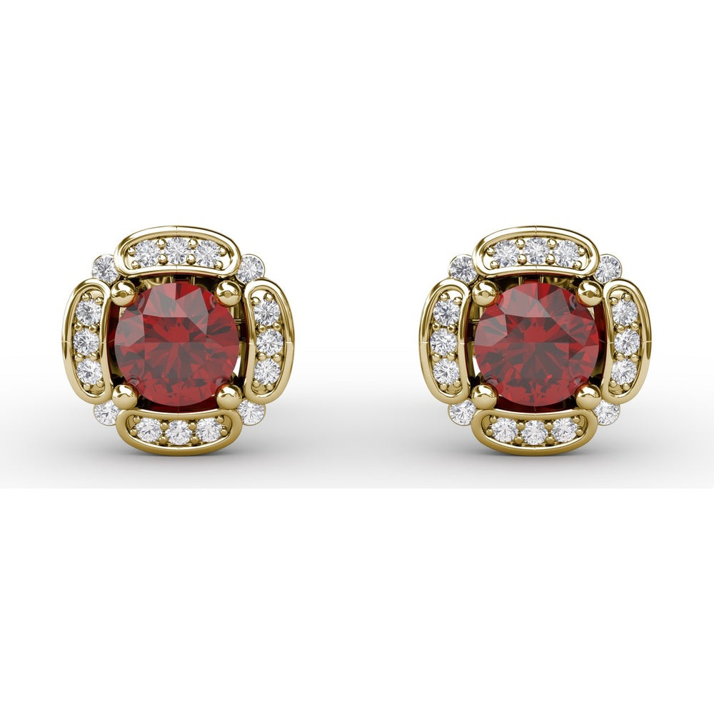 Vintage Channel Setting Stud Earrings with Cushion Cut Rubies and Diamond Accents by Fana - 1.54 Carat Total Gemstone Weight