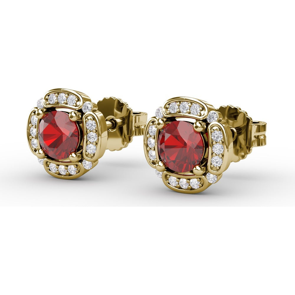 Vintage Channel Setting Stud Earrings with Cushion Cut Rubies and Diamond Accents by Fana - 1.54 Carat Total Gemstone Weight