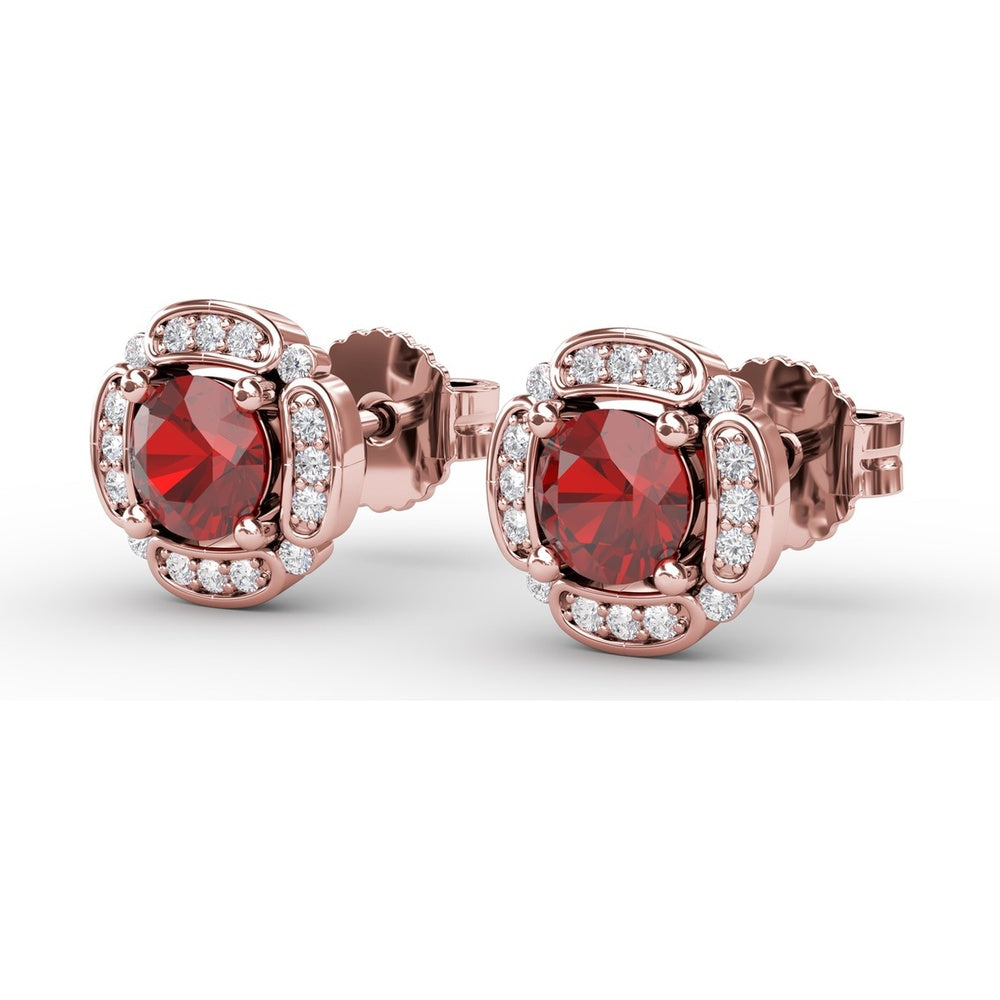 Vintage Channel Setting Stud Earrings with Cushion Cut Rubies and Diamond Accents by Fana - 1.54 Carat Total Gemstone Weight