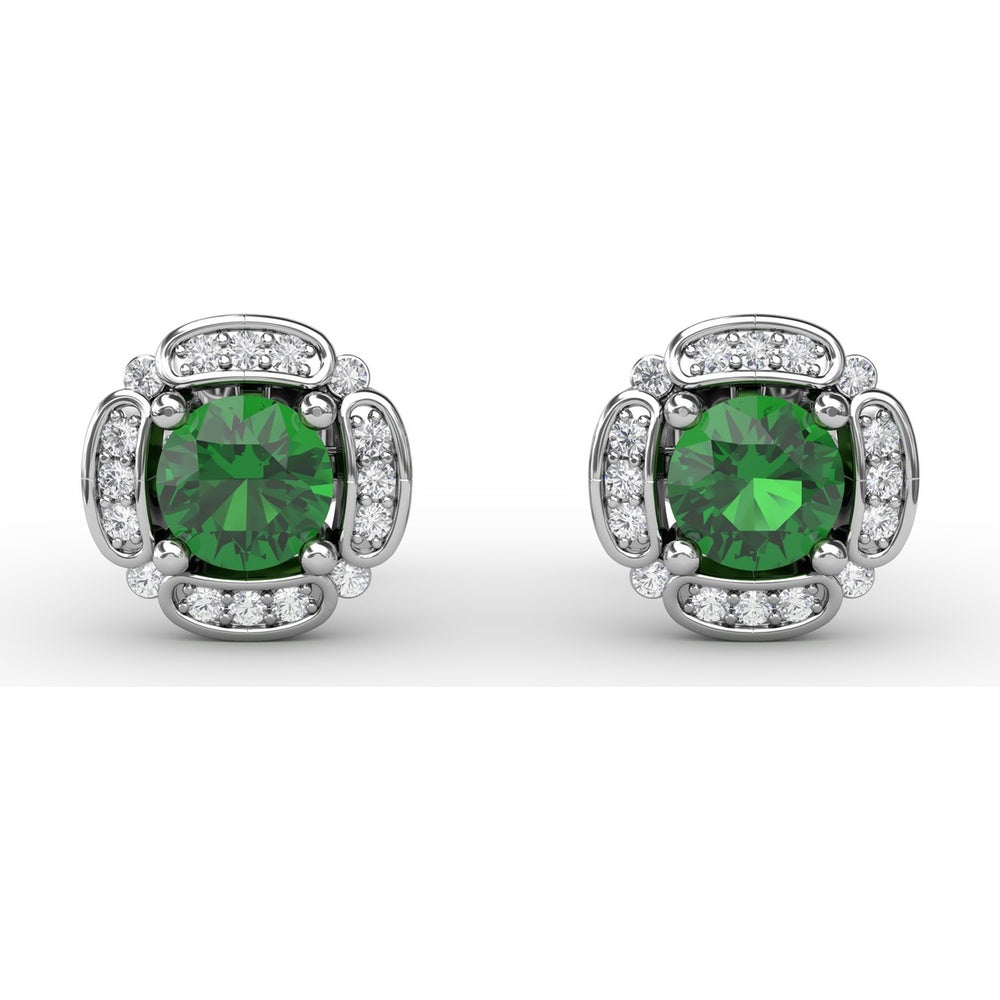 Vintage Channel Setting Stud Earrings with Round Emeralds and Pavé Diamonds by Fana - 1.18 Carat Total Gemstone Weight