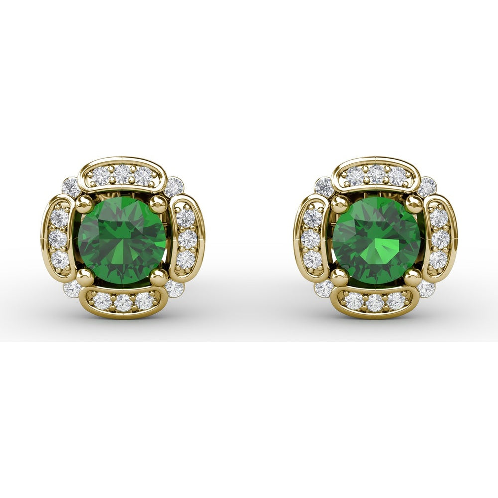 Vintage Channel Setting Stud Earrings with Round Emeralds and Pavé Diamonds by Fana - 1.18 Carat Total Gemstone Weight