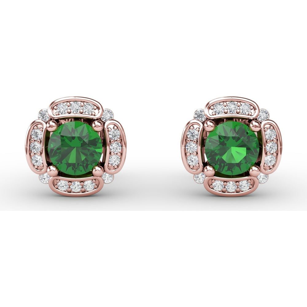 Vintage Channel Setting Stud Earrings with Round Emeralds and Pavé Diamonds by Fana - 1.18 Carat Total Gemstone Weight