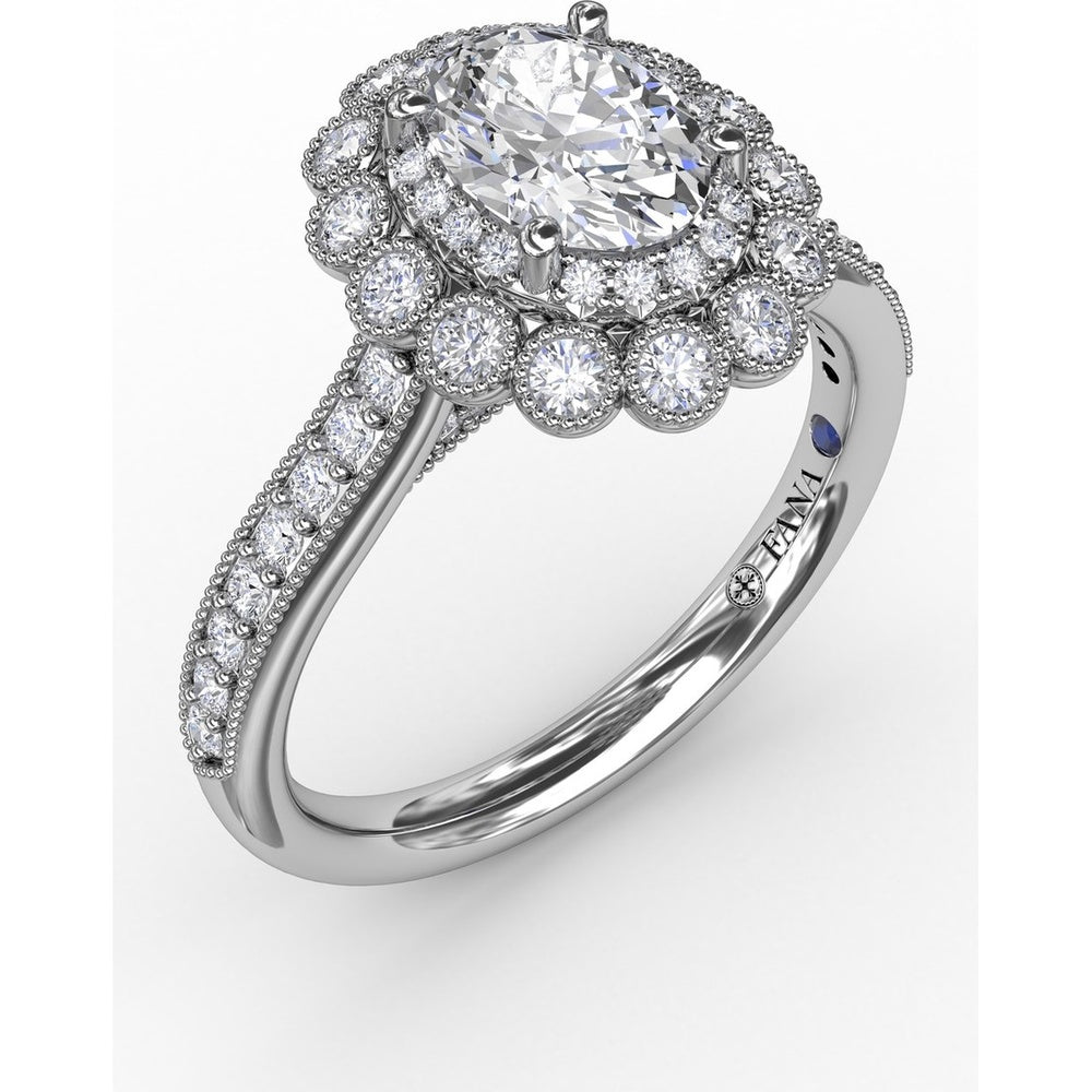 Vintage Double Halo Engagement Ring Setting with Bezel-Set Round Diamonds and Milgrain Details by Fana - 0.50 Carat Total Diamond Weight