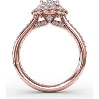Vintage Double Halo Engagement Ring Setting with Bezel-Set Round Diamonds and Milgrain Details by Fana - 0.50 Carat Total Diamond Weight