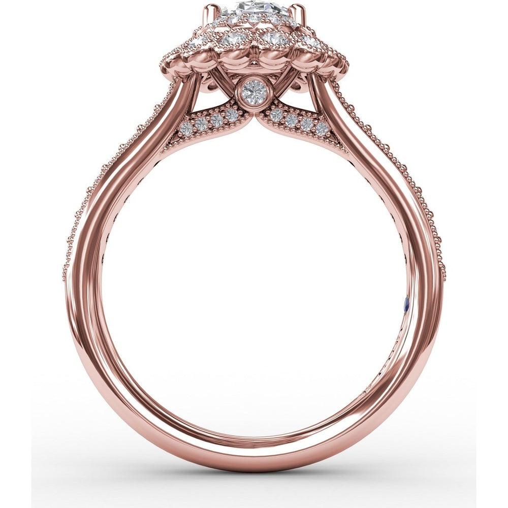 Vintage Double Halo Engagement Ring Setting with Bezel-Set Round Diamonds and Milgrain Details by Fana - 0.50 Carat Total Diamond Weight