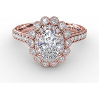 Vintage Double Halo Engagement Ring Setting with Bezel-Set Round Diamonds and Milgrain Details by Fana - 0.50 Carat Total Diamond Weight