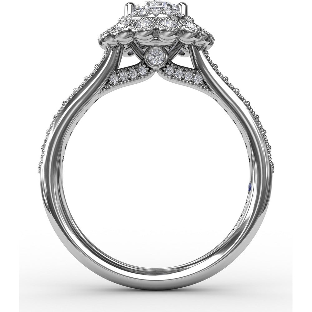 Vintage Double Halo Engagement Ring Setting with Bezel-Set Round Diamonds and Milgrain Details by Fana - 0.50 Carat Total Diamond Weight