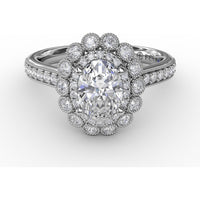 Vintage Double Halo Engagement Ring Setting with Bezel-Set Round Diamonds and Milgrain Details by Fana - 0.50 Carat Total Diamond Weight