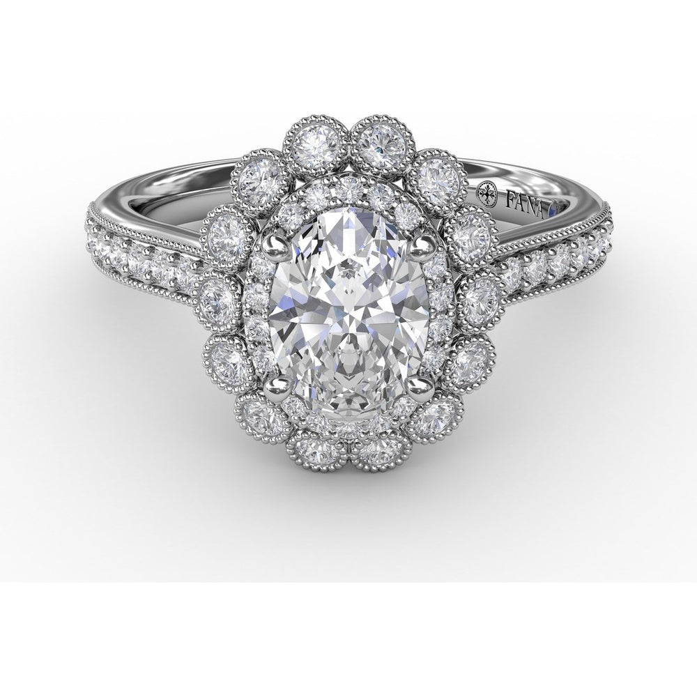 Vintage Double Halo Engagement Ring Setting with Bezel-Set Round Diamonds and Milgrain Details by Fana - 0.50 Carat Total Diamond Weight