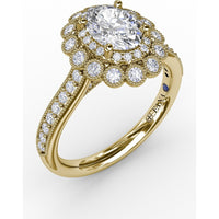 Vintage Double Halo Engagement Ring Setting with Bezel-Set Round Diamonds and Milgrain Details by Fana - 0.50 Carat Total Diamond Weight