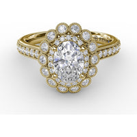 Vintage Double Halo Engagement Ring Setting with Bezel-Set Round Diamonds and Milgrain Details by Fana - 0.50 Carat Total Diamond Weight