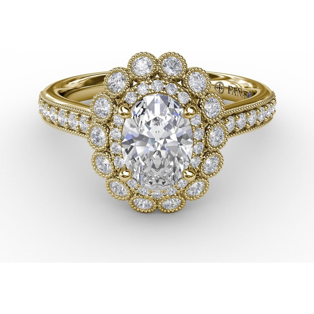 Vintage Double Halo Engagement Ring Setting with Bezel-Set Round Diamonds and Milgrain Details by Fana - 0.50 Carat Total Diamond Weight