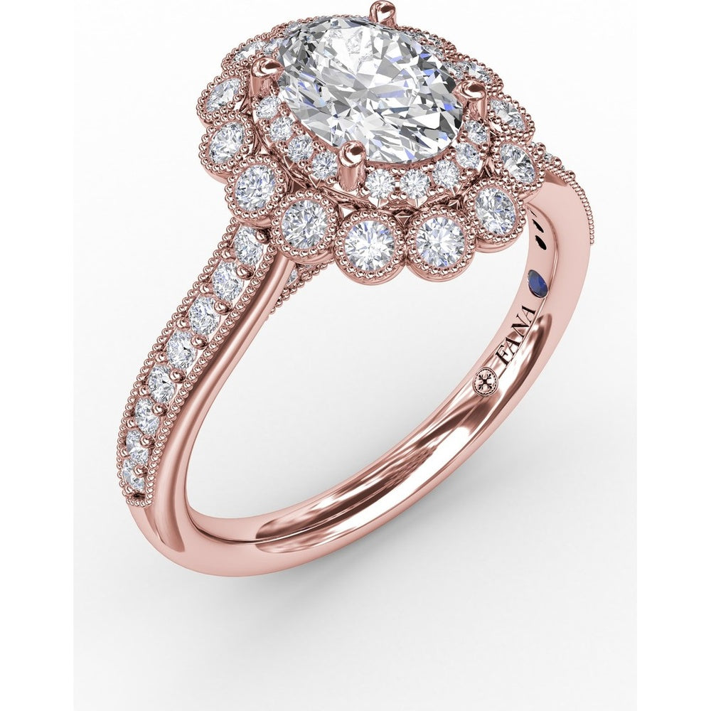 Vintage Double Halo Engagement Ring Setting with Bezel-Set Round Diamonds and Milgrain Details by Fana - 0.50 Carat Total Diamond Weight
