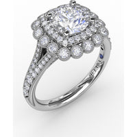 Vintage Double Halo Engagement Ring Setting with Bezel-Set Round Diamonds and Milgrain Details by Fana - 0.62 Carat Total Diamond Weight