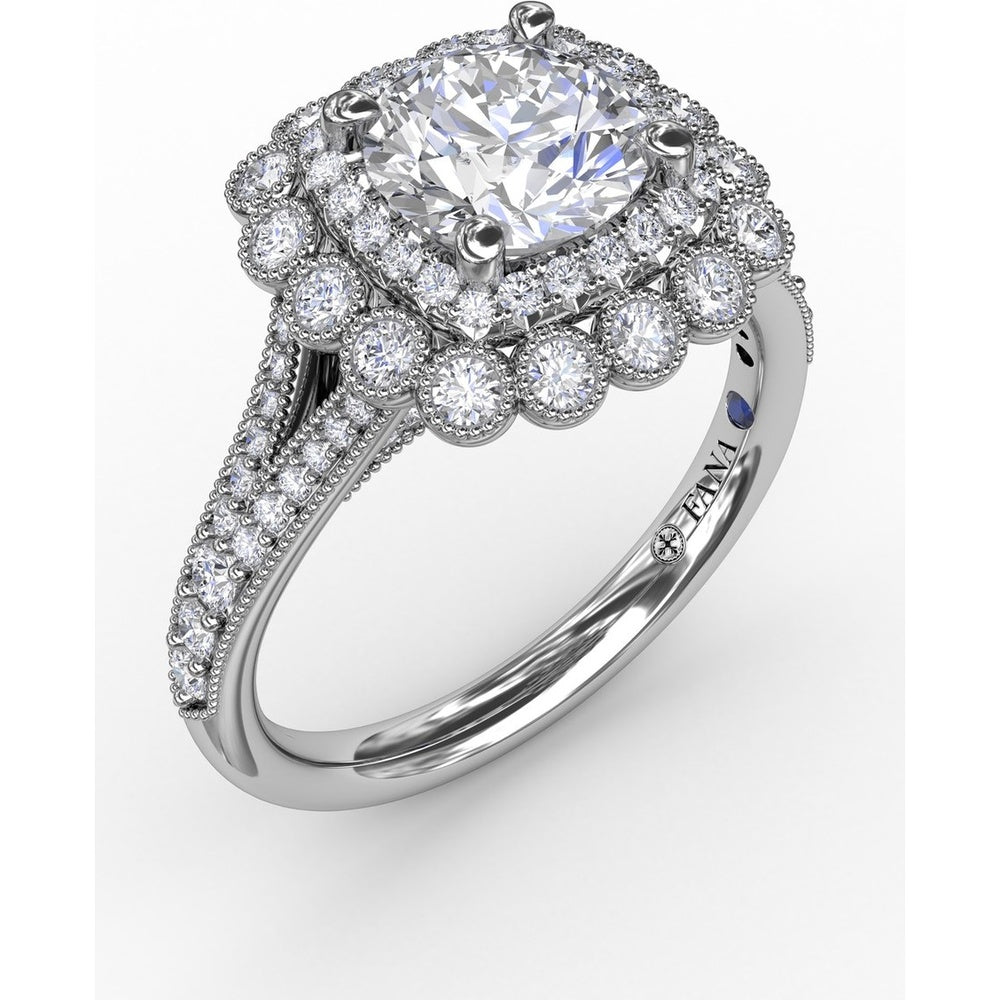 Vintage Double Halo Engagement Ring Setting with Bezel-Set Round Diamonds and Milgrain Details by Fana - 0.62 Carat Total Diamond Weight