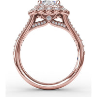 Vintage Double Halo Engagement Ring Setting with Bezel-Set Round Diamonds and Milgrain Details by Fana - 0.62 Carat Total Diamond Weight