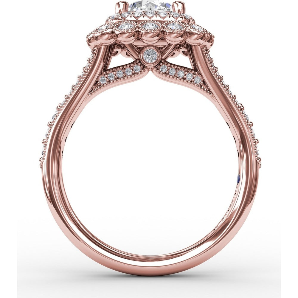 Vintage Double Halo Engagement Ring Setting with Bezel-Set Round Diamonds and Milgrain Details by Fana - 0.62 Carat Total Diamond Weight