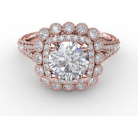Vintage Double Halo Engagement Ring Setting with Bezel-Set Round Diamonds and Milgrain Details by Fana - 0.62 Carat Total Diamond Weight