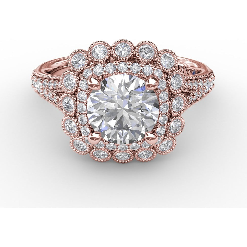 Vintage Double Halo Engagement Ring Setting with Bezel-Set Round Diamonds and Milgrain Details by Fana - 0.62 Carat Total Diamond Weight