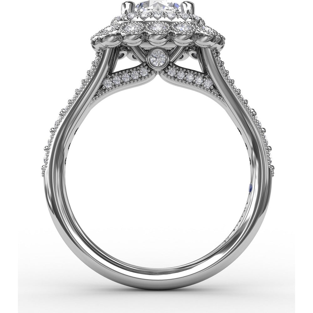 Vintage Double Halo Engagement Ring Setting with Bezel-Set Round Diamonds and Milgrain Details by Fana - 0.62 Carat Total Diamond Weight