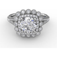 Vintage Double Halo Engagement Ring Setting with Bezel-Set Round Diamonds and Milgrain Details by Fana - 0.62 Carat Total Diamond Weight