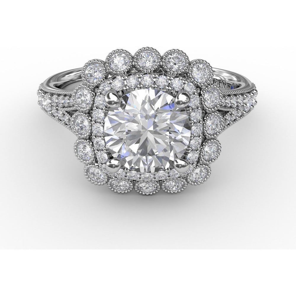 Vintage Double Halo Engagement Ring Setting with Bezel-Set Round Diamonds and Milgrain Details by Fana - 0.62 Carat Total Diamond Weight