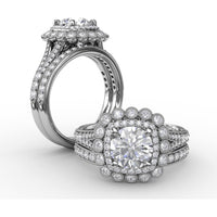 Vintage Double Halo Engagement Ring Setting with Bezel-Set Round Diamonds and Milgrain Details by Fana - 0.62 Carat Total Diamond Weight