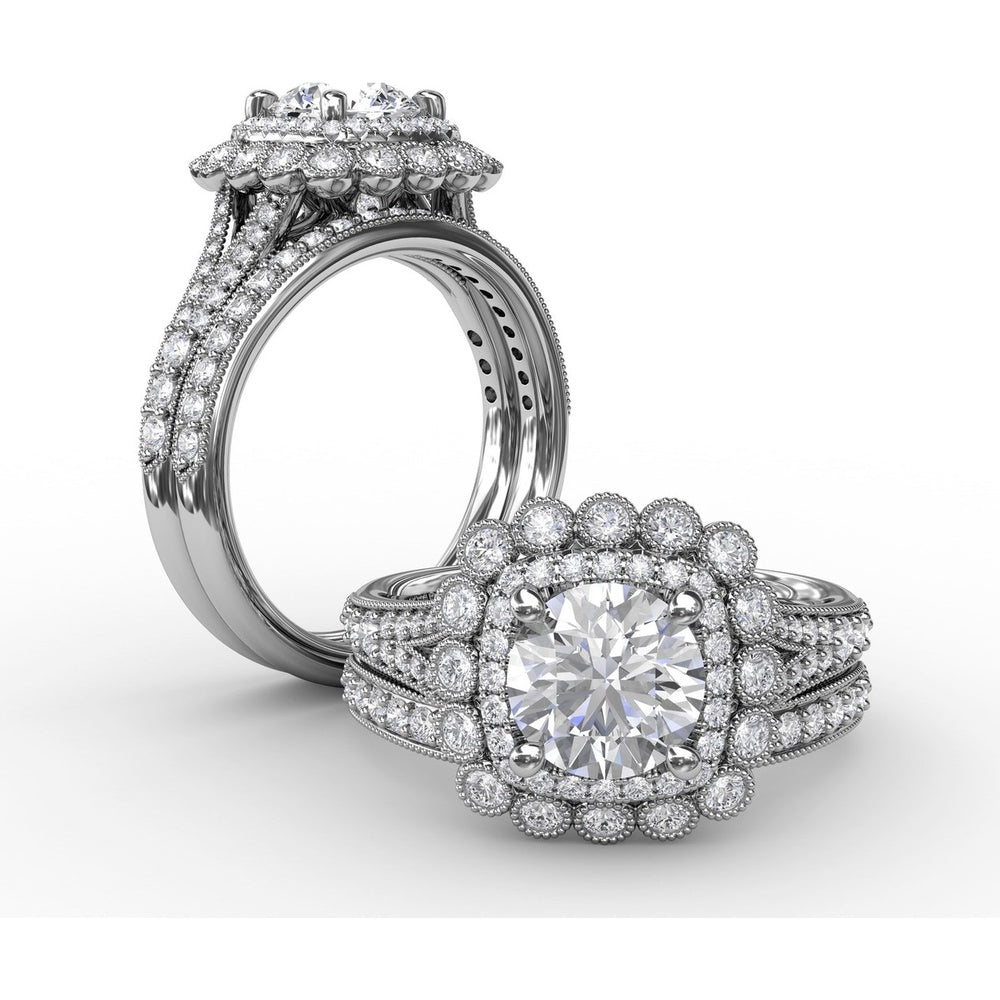 Vintage Double Halo Engagement Ring Setting with Bezel-Set Round Diamonds and Milgrain Details by Fana - 0.62 Carat Total Diamond Weight