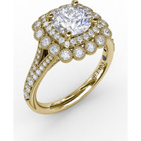 Vintage Double Halo Engagement Ring Setting with Bezel-Set Round Diamonds and Milgrain Details by Fana - 0.62 Carat Total Diamond Weight