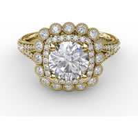 Vintage Double Halo Engagement Ring Setting with Bezel-Set Round Diamonds and Milgrain Details by Fana - 0.62 Carat Total Diamond Weight