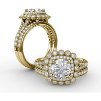 Vintage Double Halo Engagement Ring Setting with Bezel-Set Round Diamonds and Milgrain Details by Fana - 0.62 Carat Total Diamond Weight