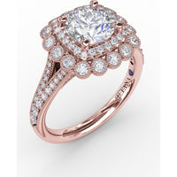 Vintage Double Halo Engagement Ring Setting with Bezel-Set Round Diamonds and Milgrain Details by Fana - 0.62 Carat Total Diamond Weight