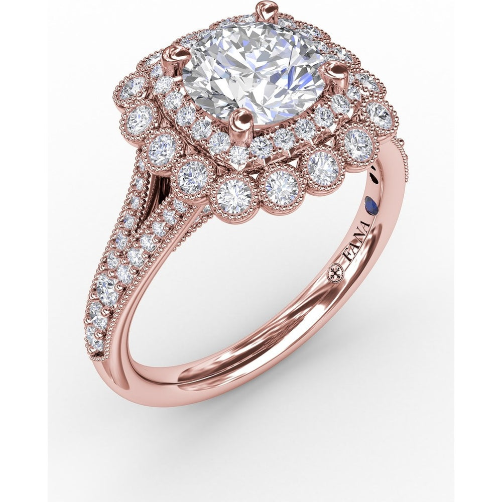 Vintage Double Halo Engagement Ring Setting with Bezel-Set Round Diamonds and Milgrain Details by Fana - 0.62 Carat Total Diamond Weight