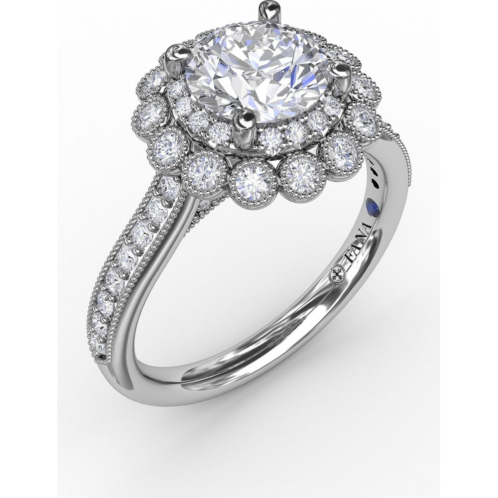 Vintage Double Halo Engagement Ring Setting with Milgrain Details and Bead-Set Diamond Shank by Fana - 0.51 Carat Total Diamond Weight