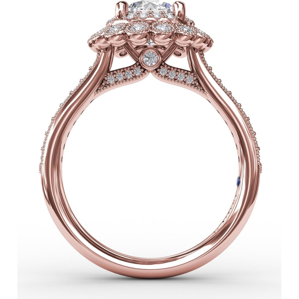 Vintage Double Halo Engagement Ring Setting with Milgrain Details and Bead-Set Diamond Shank by Fana - 0.51 Carat Total Diamond Weight