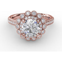 Vintage Double Halo Engagement Ring Setting with Milgrain Details and Bead-Set Diamond Shank by Fana - 0.51 Carat Total Diamond Weight