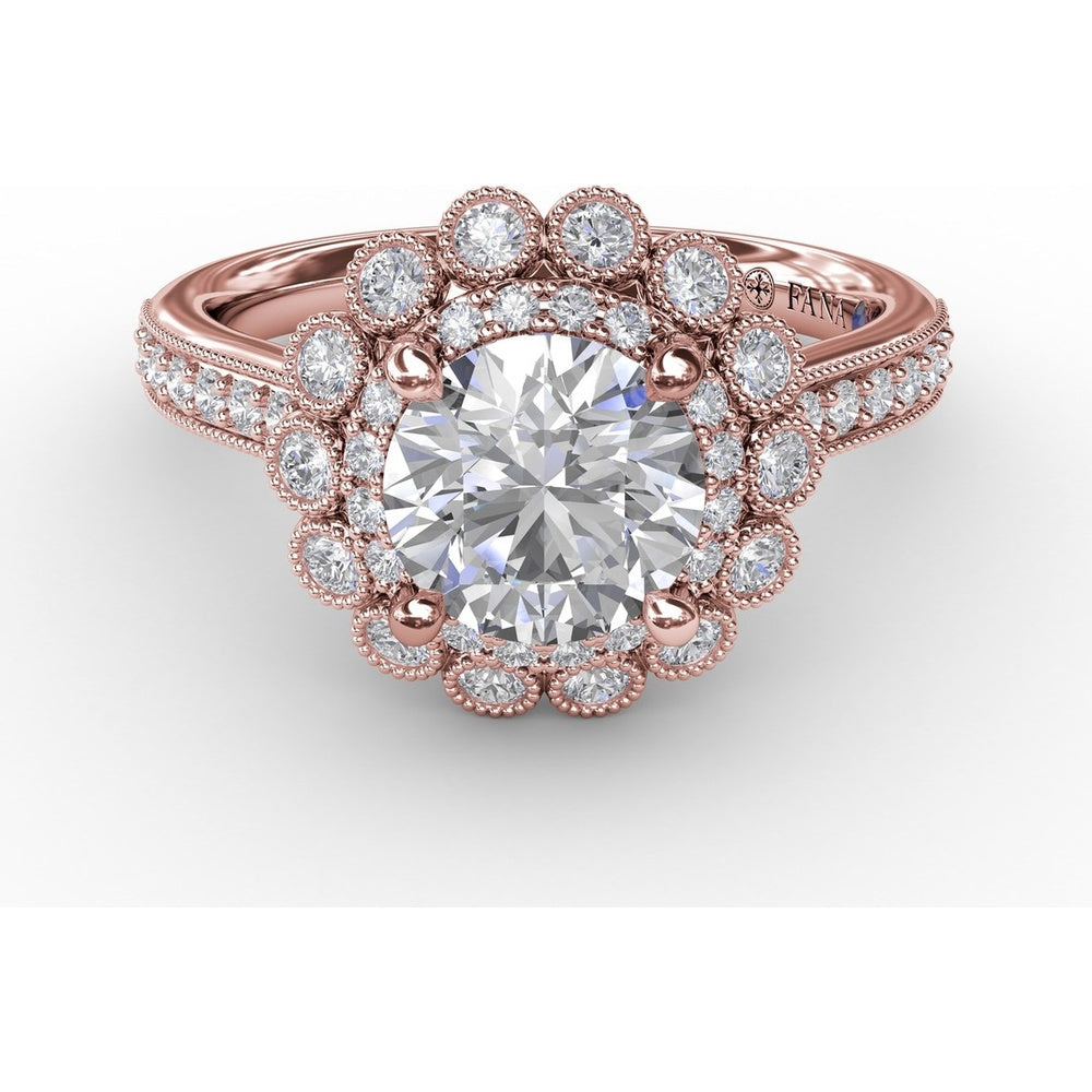 Vintage Double Halo Engagement Ring Setting with Milgrain Details and Bead-Set Diamond Shank by Fana - 0.51 Carat Total Diamond Weight
