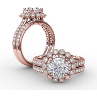 Vintage Double Halo Engagement Ring Setting with Milgrain Details and Bead-Set Diamond Shank by Fana - 0.51 Carat Total Diamond Weight