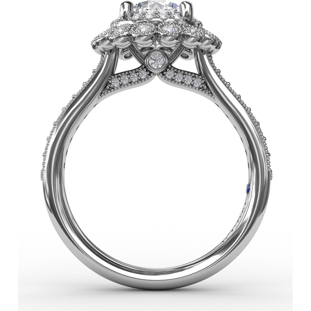 Vintage Double Halo Engagement Ring Setting with Milgrain Details and Bead-Set Diamond Shank by Fana - 0.51 Carat Total Diamond Weight