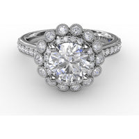 Vintage Double Halo Engagement Ring Setting with Milgrain Details and Bead-Set Diamond Shank by Fana - 0.51 Carat Total Diamond Weight