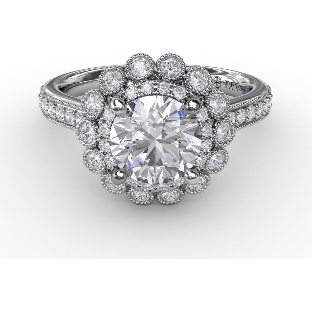 Vintage Double Halo Engagement Ring Setting with Milgrain Details and Bead-Set Diamond Shank by Fana - 0.51 Carat Total Diamond Weight
