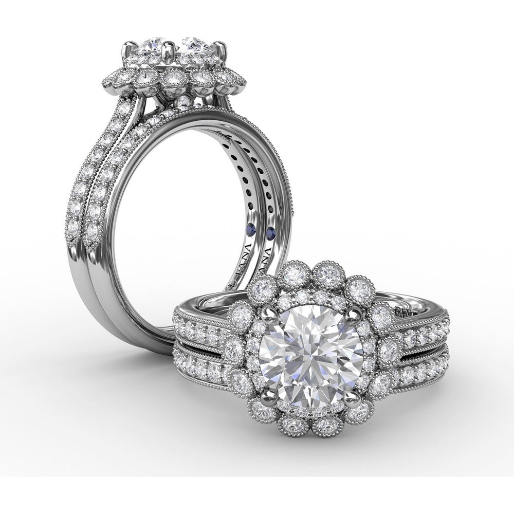 Vintage Double Halo Engagement Ring Setting with Milgrain Details and Bead-Set Diamond Shank by Fana - 0.51 Carat Total Diamond Weight