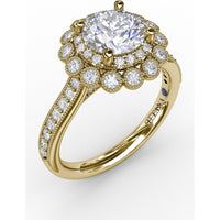 Vintage Double Halo Engagement Ring Setting with Milgrain Details and Bead-Set Diamond Shank by Fana - 0.51 Carat Total Diamond Weight
