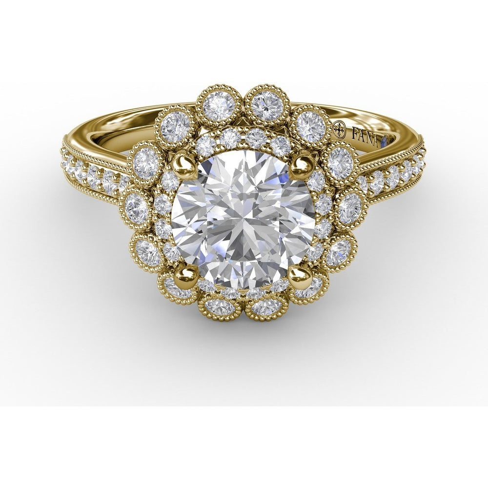 Vintage Double Halo Engagement Ring Setting with Milgrain Details and Bead-Set Diamond Shank by Fana - 0.51 Carat Total Diamond Weight