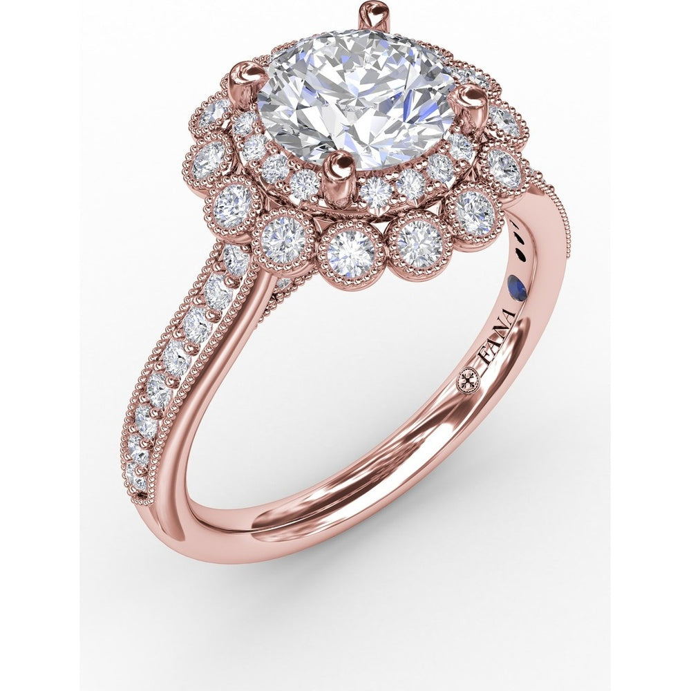 Vintage Double Halo Engagement Ring Setting with Milgrain Details and Bead-Set Diamond Shank by Fana - 0.51 Carat Total Diamond Weight