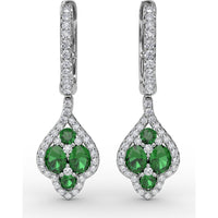 Vintage Drop Earrings with Pavé Diamond Halo and Round Emerald Cluster by Fana - 1.47 Carat Total Gemstone Weight